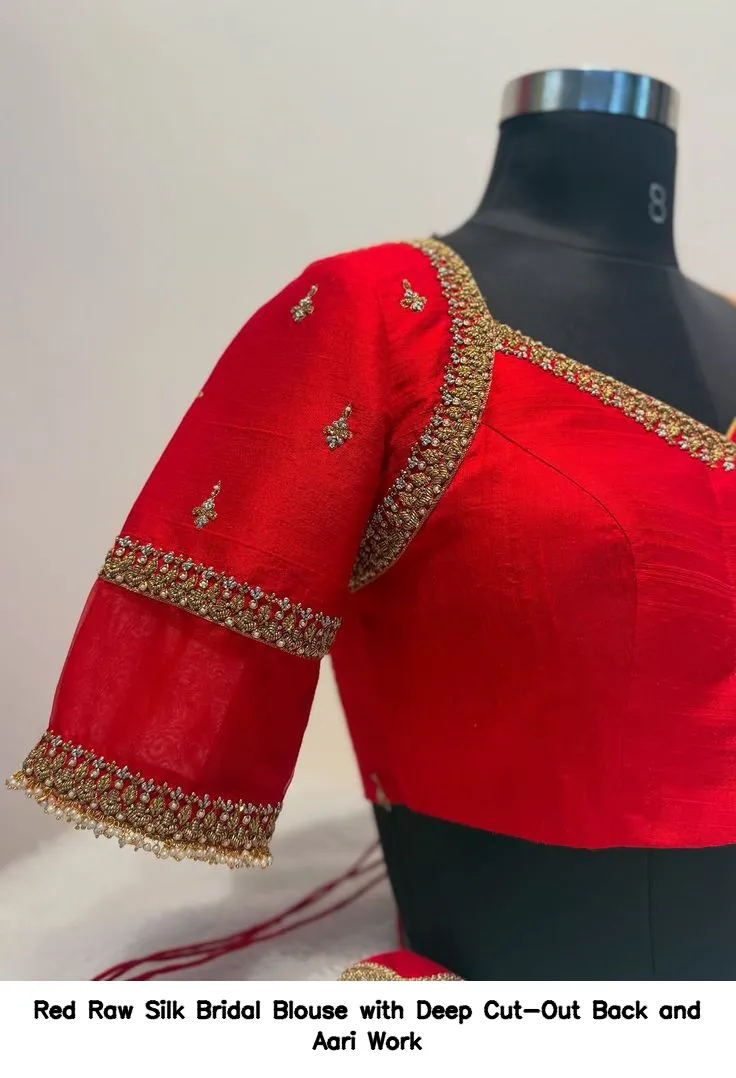 Red Raw Silk Bridal Blouse with Deep Cut-Out Back and Aari Work