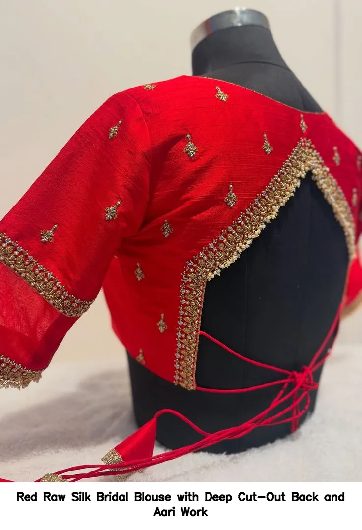 Red Raw Silk Bridal Blouse with Deep Cut-Out Back and Aari Work