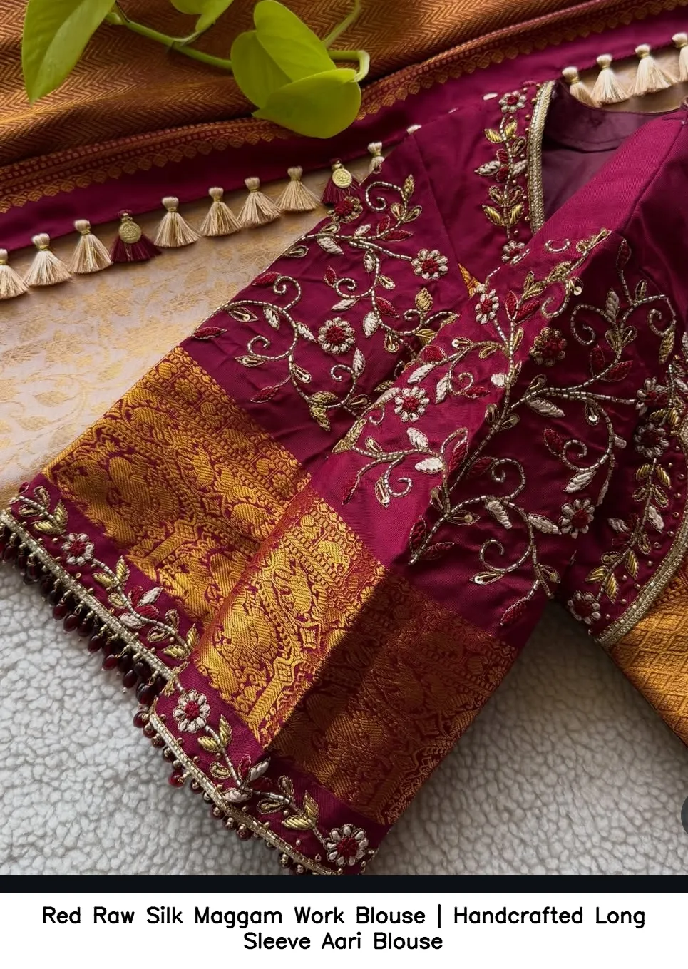 Red Raw Silk Maggam Work Blouse | Handcrafted Long Sleeve Aari Blouse