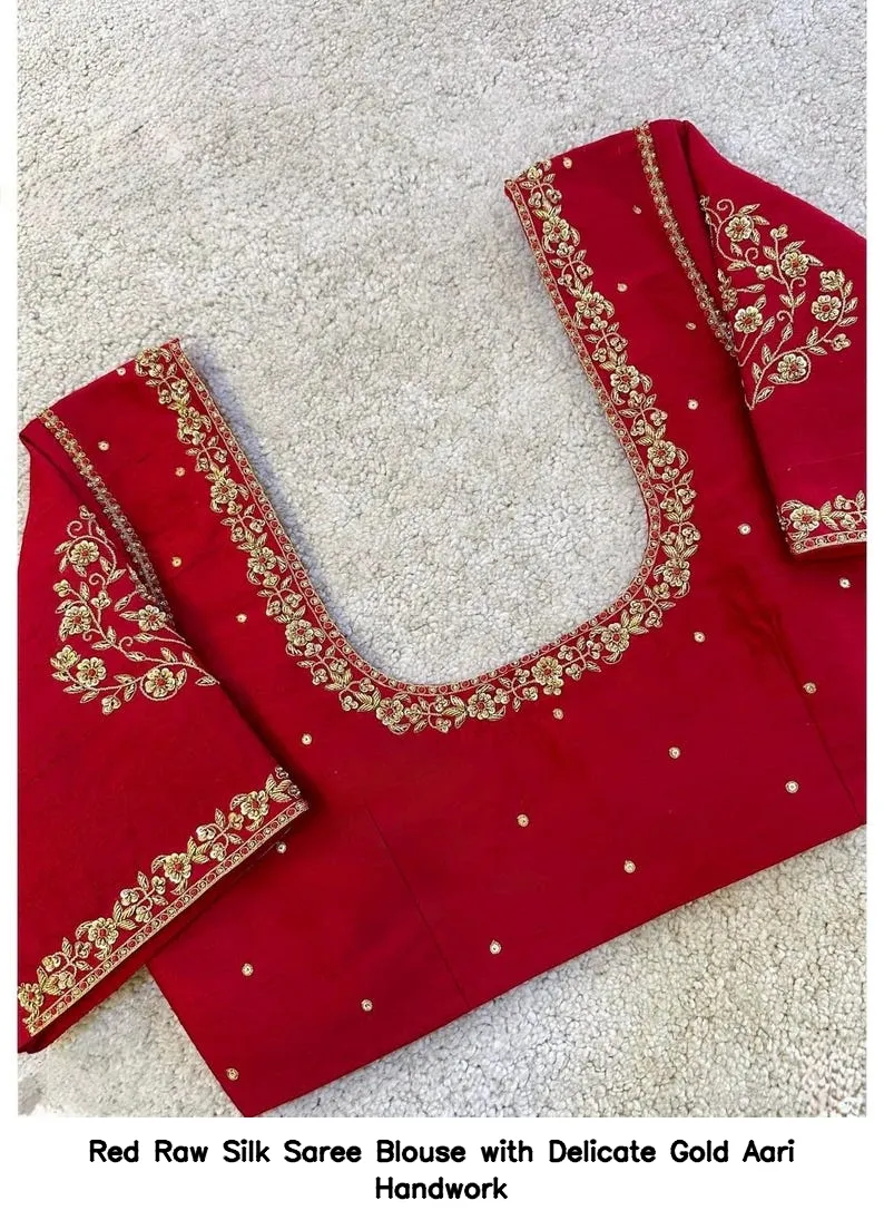 Red Raw Silk Saree Blouse with Delicate Gold Aari Handwork
