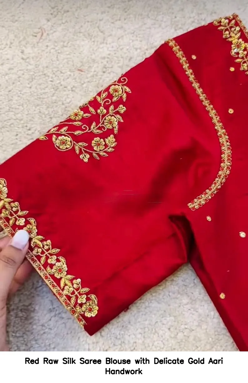 Red Raw Silk Saree Blouse with Delicate Gold Aari Handwork