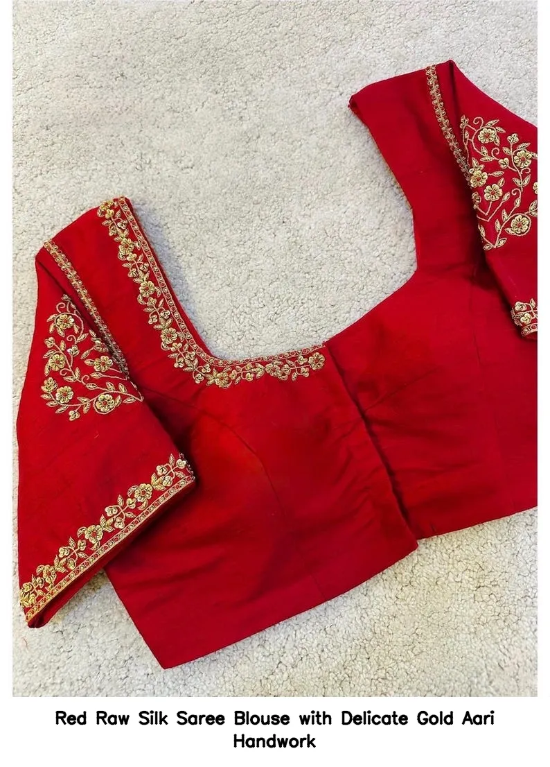 Red Raw Silk Saree Blouse with Delicate Gold Aari Handwork