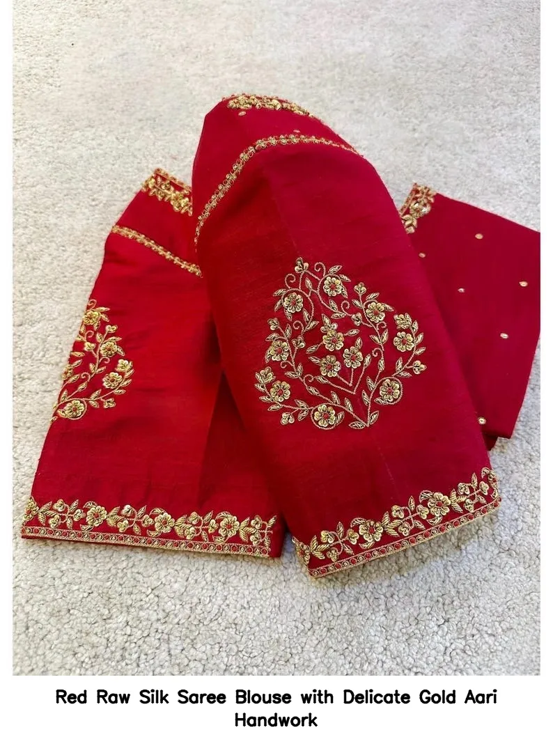 Red Raw Silk Saree Blouse with Delicate Gold Aari Handwork
