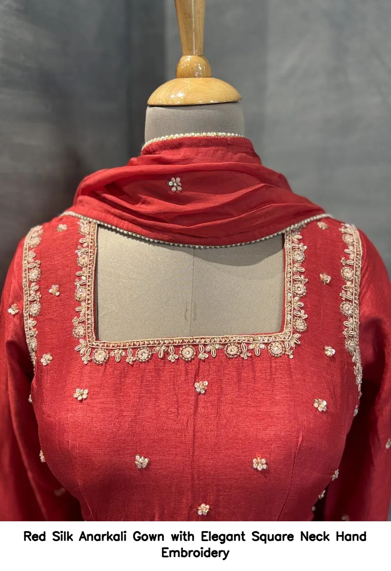 Red Silk Anarkali Gown with Elegant Square Neck Hand Embroidery