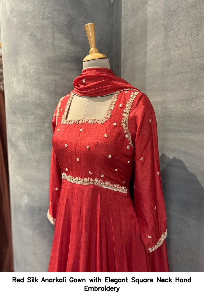 Red Silk Anarkali Gown with Elegant Square Neck Hand Embroidery