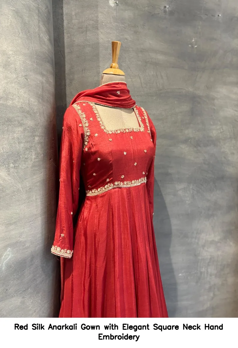 Red Silk Anarkali Gown with Elegant Square Neck Hand Embroidery