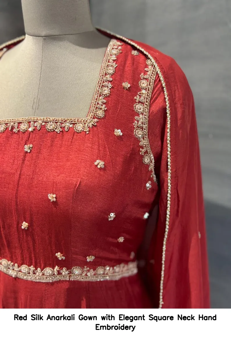 Red Silk Anarkali Gown with Elegant Square Neck Hand Embroidery