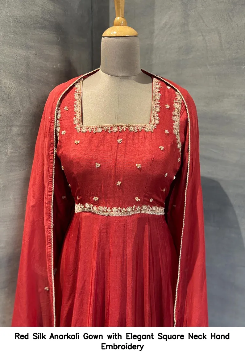 Red Silk Anarkali Gown with Elegant Square Neck Hand Embroidery