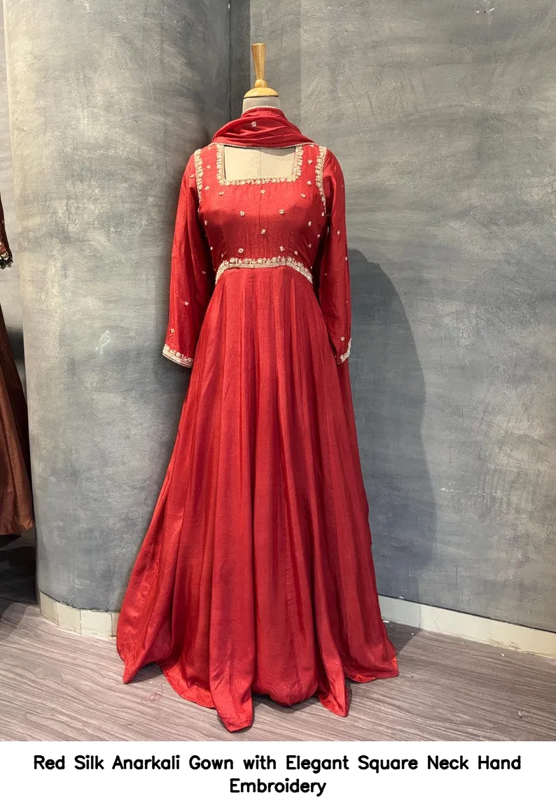 Red Silk Anarkali Gown with Elegant Square Neck Hand Embroidery