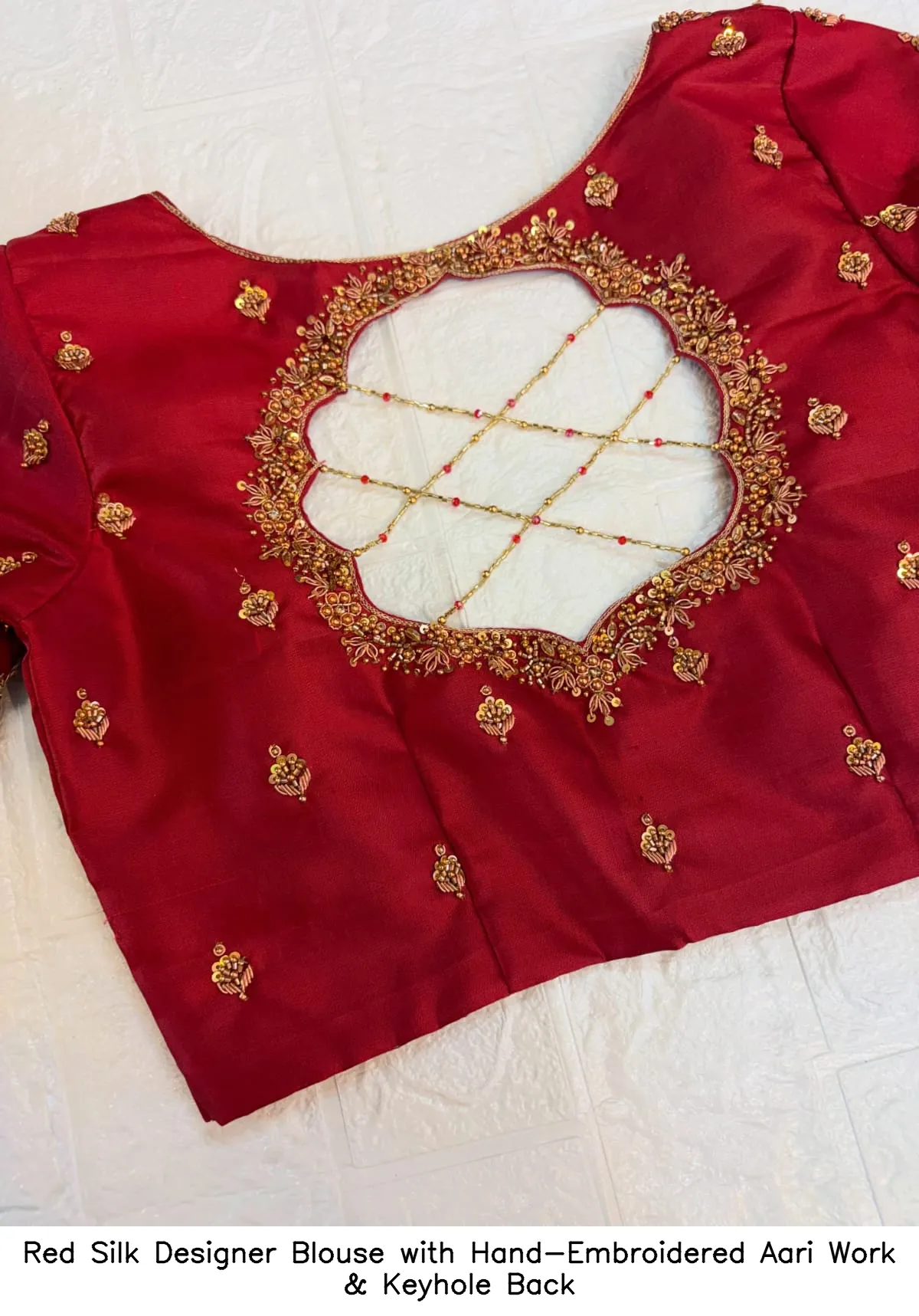 Red Silk Designer Blouse with Hand-Embroidered Aari Work & Keyhole Back