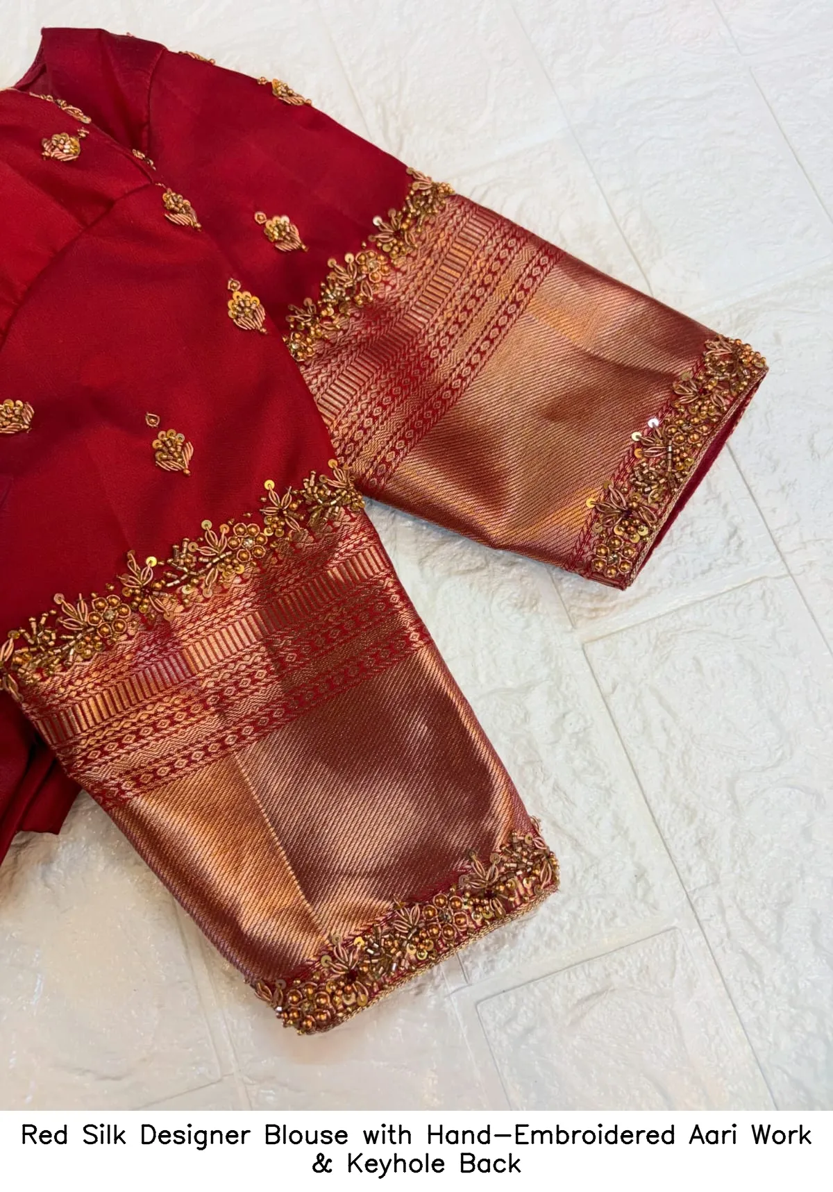 Red Silk Designer Blouse with Hand-Embroidered Aari Work & Keyhole Back 2
