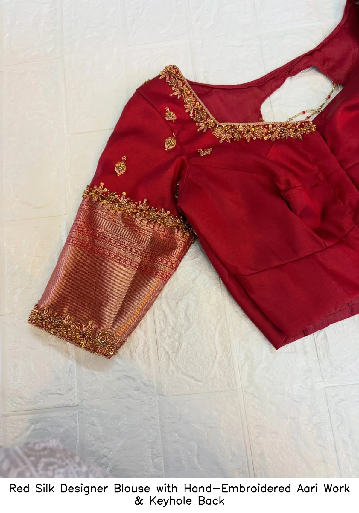 Red Silk Designer Blouse with Hand-Embroidered Aari Work & Keyhole Back 3