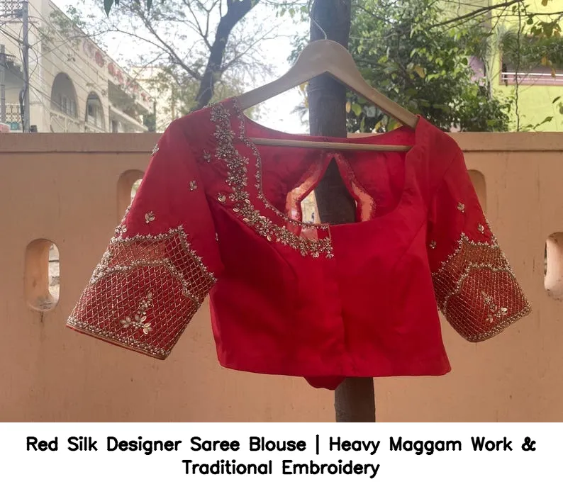 Red Silk Designer Saree Blouse | Heavy Maggam Work & Traditional Embroidery