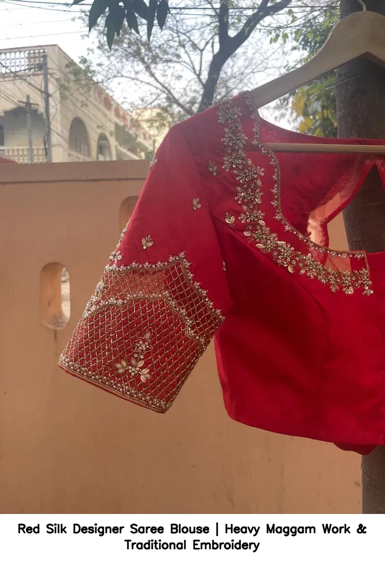 Red Silk Designer Saree Blouse | Heavy Maggam Work & Traditional Embroidery 2