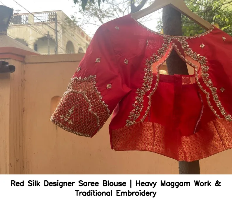 Red Silk Designer Saree Blouse | Heavy Maggam Work & Traditional Embroidery 3
