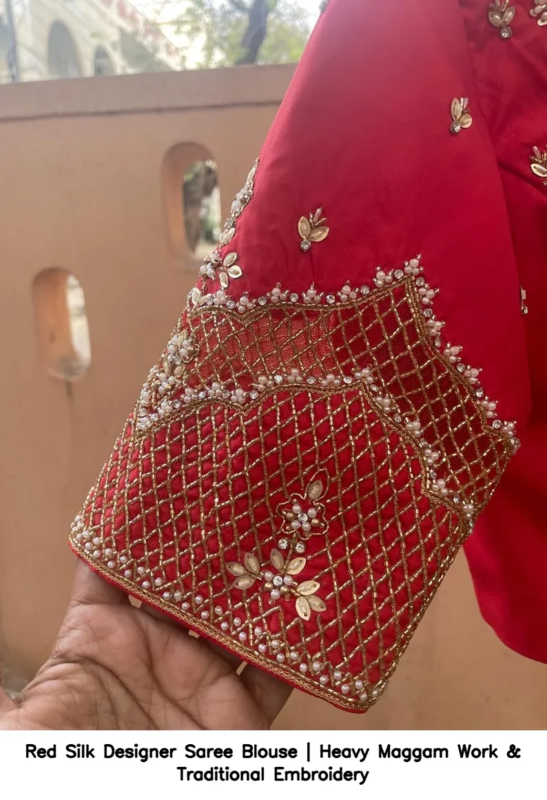 Red Silk Designer Saree Blouse | Heavy Maggam Work & Traditional Embroidery 4