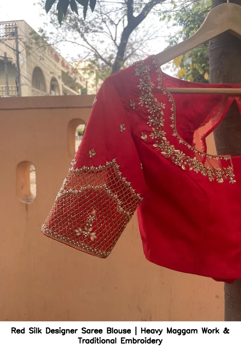 Red Silk Designer Saree Blouse | Heavy Maggam Work & Traditional Embroidery 5