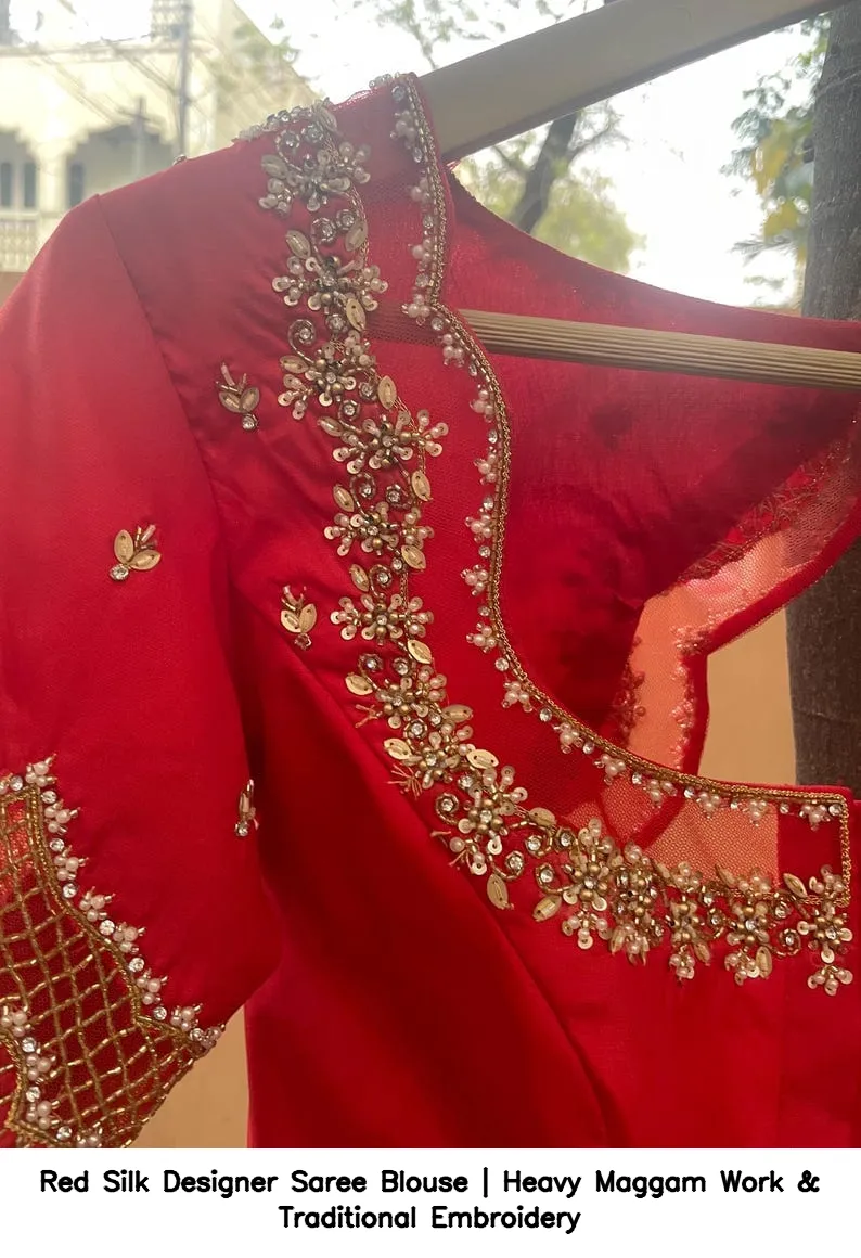 Red Silk Designer Saree Blouse | Heavy Maggam Work & Traditional Embroidery 6