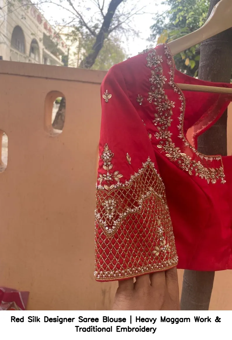 Red Silk Designer Saree Blouse | Heavy Maggam Work & Traditional Embroidery 7