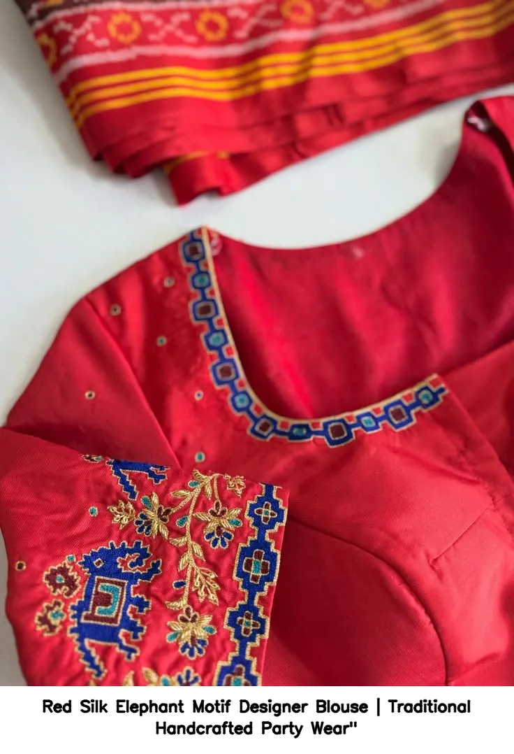 Red Silk Elephant Motif Designer Blouse | Traditional Handcrafted Party Wear"