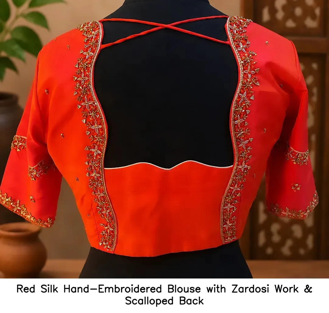 Red Silk Hand-Embroidered Blouse with Zardosi Work & Scalloped Back