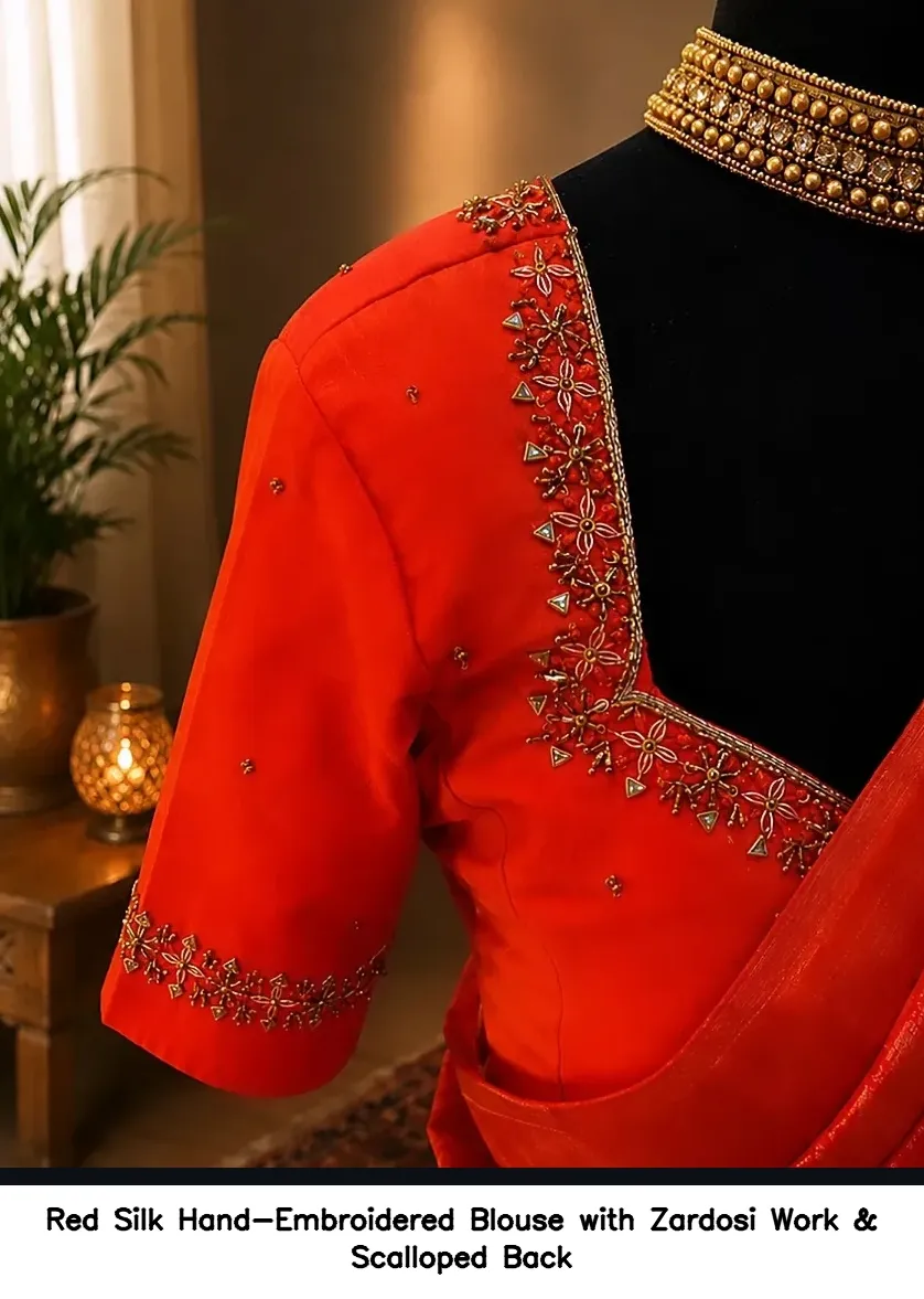 Red Silk Hand-Embroidered Blouse with Zardosi Work & Scalloped Back