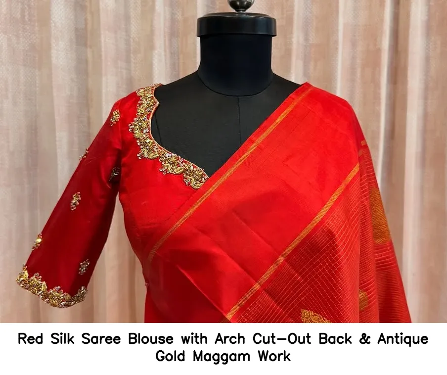 Red Silk Saree Blouse with Arch Cut-Out Back & Antique Gold Maggam Work