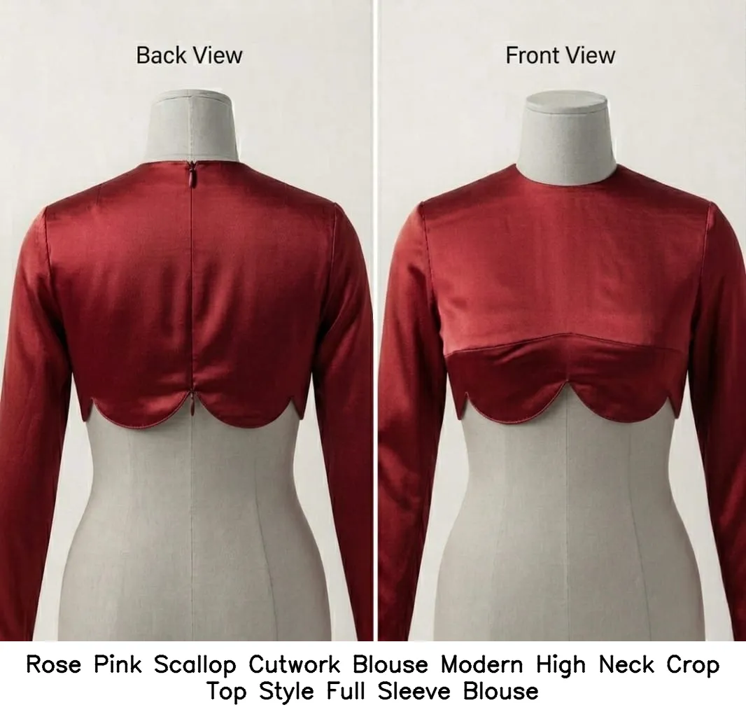 Rose Pink Scallop Cutwork Blouse – Modern High Neck Crop Top Style Full Sleeve Blouse