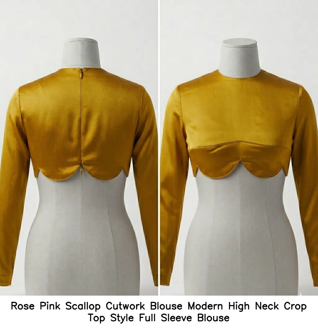 Rose Pink Scallop Cutwork Blouse – Modern High Neck Crop Top Style Full Sleeve Blouse