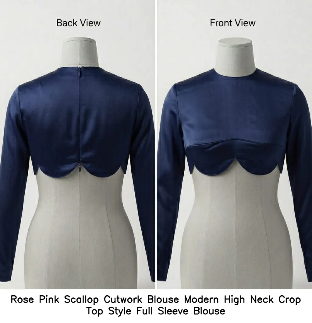 Rose Pink Scallop Cutwork Blouse – Modern High Neck Crop Top Style Full Sleeve Blouse