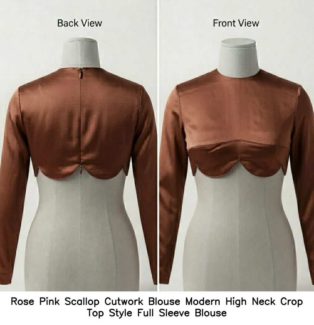 Rose Pink Scallop Cutwork Blouse – Modern High Neck Crop Top Style Full Sleeve Blouse