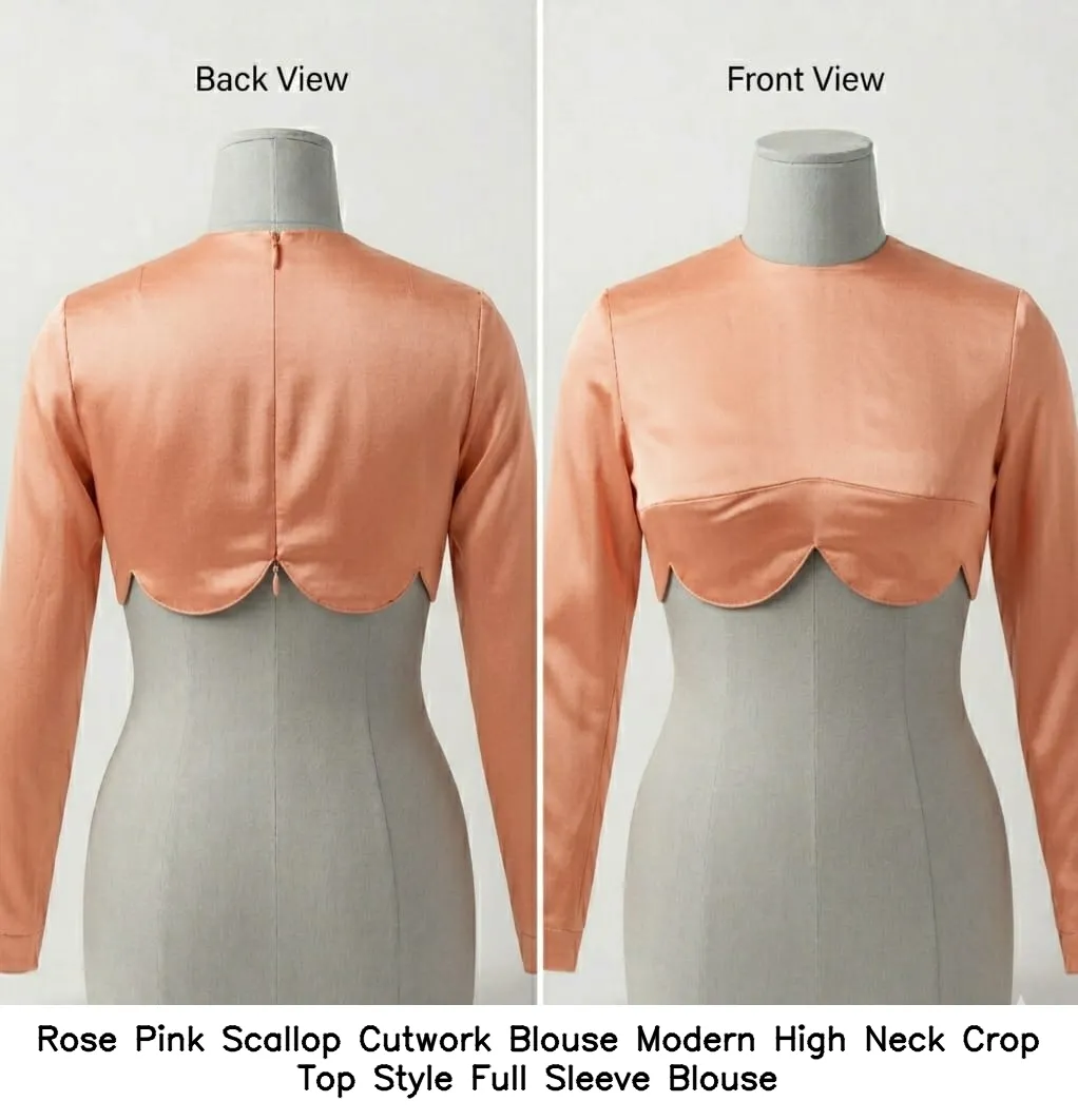 Rose Pink Scallop Cutwork Blouse – Modern High Neck Crop Top Style Full Sleeve Blouse