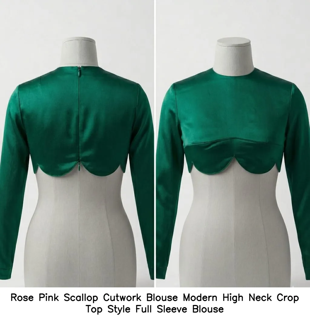 Rose Pink Scallop Cutwork Blouse – Modern High Neck Crop Top Style Full Sleeve Blouse