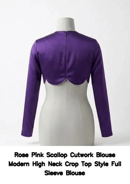 Rose Pink Scallop Cutwork Blouse – Modern High Neck Crop Top Style Full Sleeve Blouse