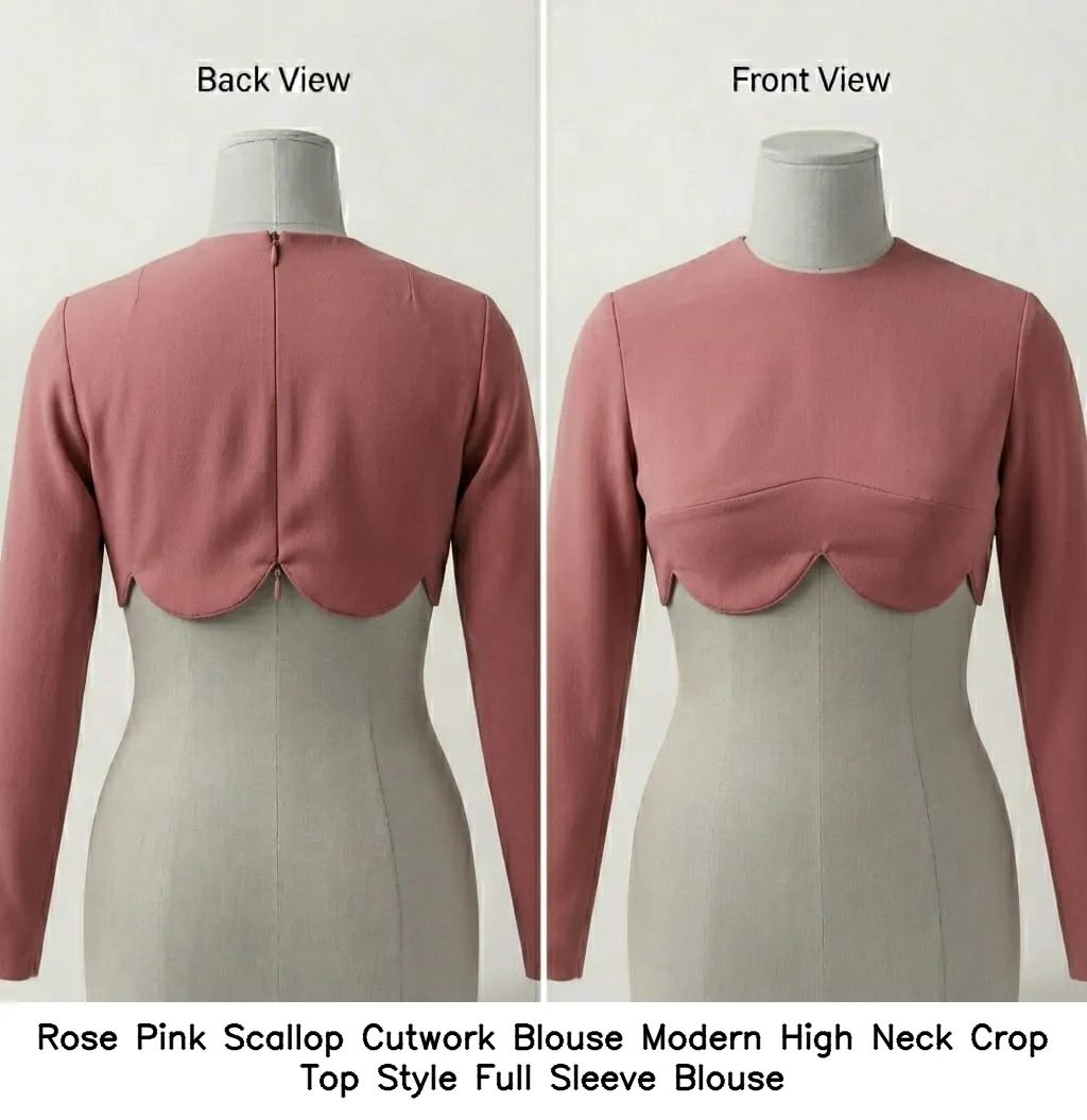 Rose Pink Scallop Cutwork Blouse – Modern High Neck Crop Top Style Full Sleeve Blouse