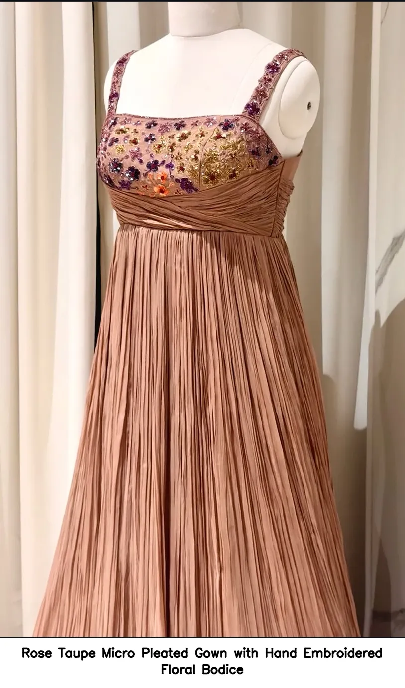 Rose Taupe Micro Pleated Gown with Hand Embroidered Floral Bodice