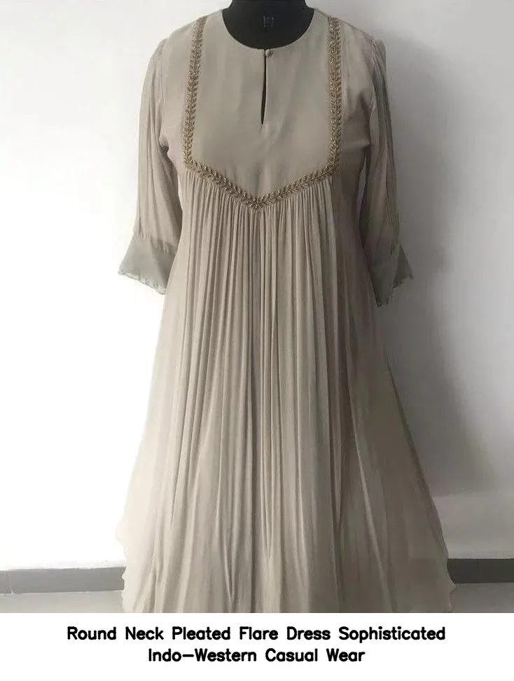 Round Neck Pleated Flare Dress – Sophisticated Indo-Western Casual Wear