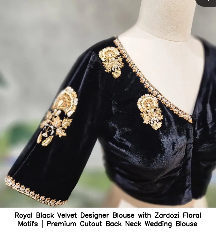 Royal Black Velvet Designer Blouse with Zardozi Floral Motifs | Premium Cutout Back Neck Wedding Blouse