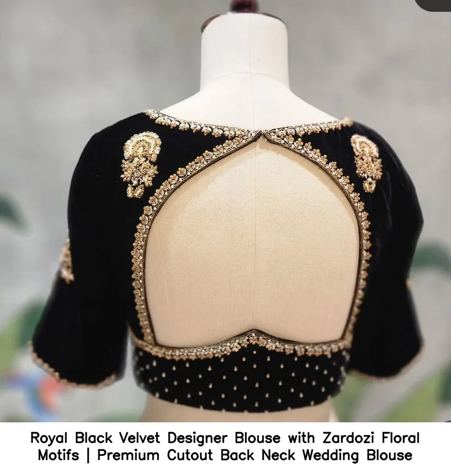 Royal Black Velvet Designer Blouse with Zardozi Floral Motifs | Premium Cutout Back Neck Wedding Blouse