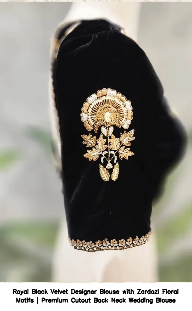 Royal Black Velvet Designer Blouse with Zardozi Floral Motifs | Premium Cutout Back Neck Wedding Blouse