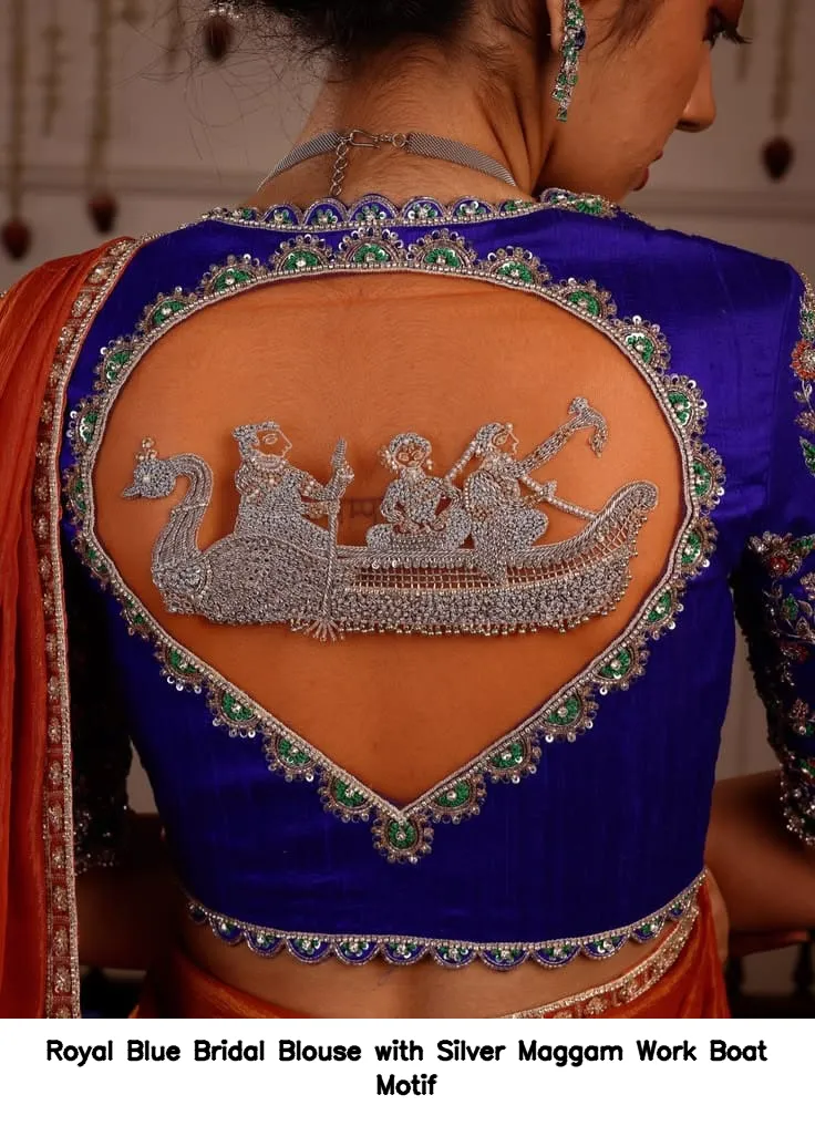 Royal Blue Bridal Blouse with Silver Maggam Work Boat Motif