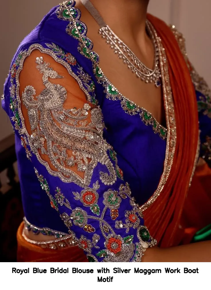 Royal Blue Bridal Blouse with Silver Maggam Work Boat Motif