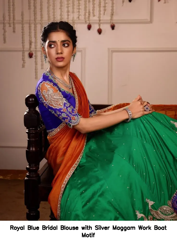 Royal Blue Bridal Blouse with Silver Maggam Work Boat Motif