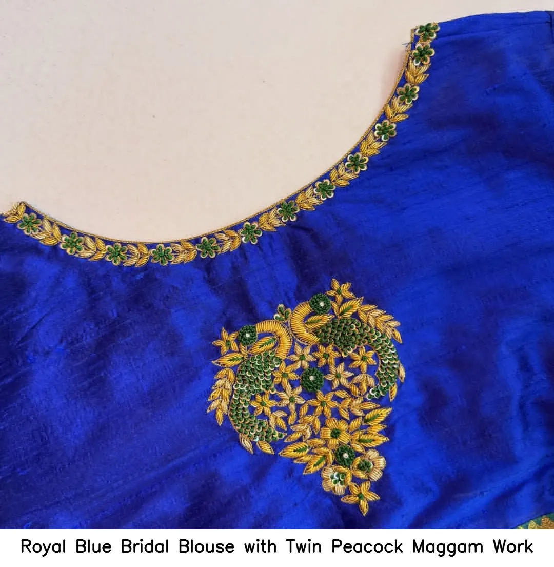 Royal Blue Bridal Blouse with Twin Peacock Maggam Work