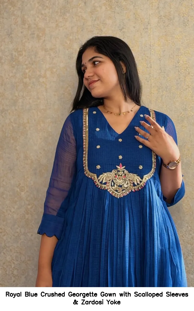 Royal Blue Crushed Georgette Gown with Scalloped Sleeves & Zardosi Yoke