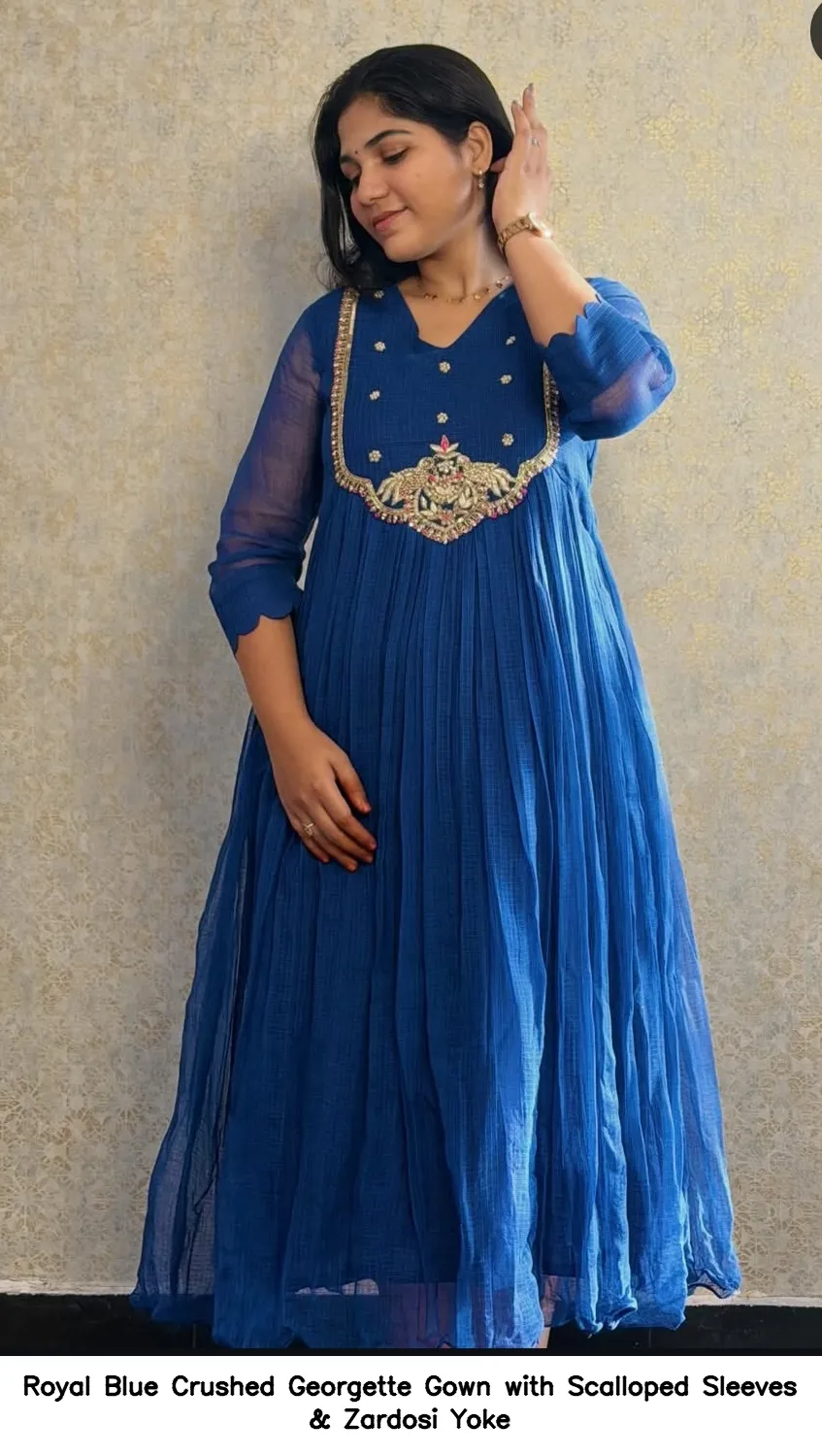 Royal Blue Crushed Georgette Gown with Scalloped Sleeves & Zardosi Yoke