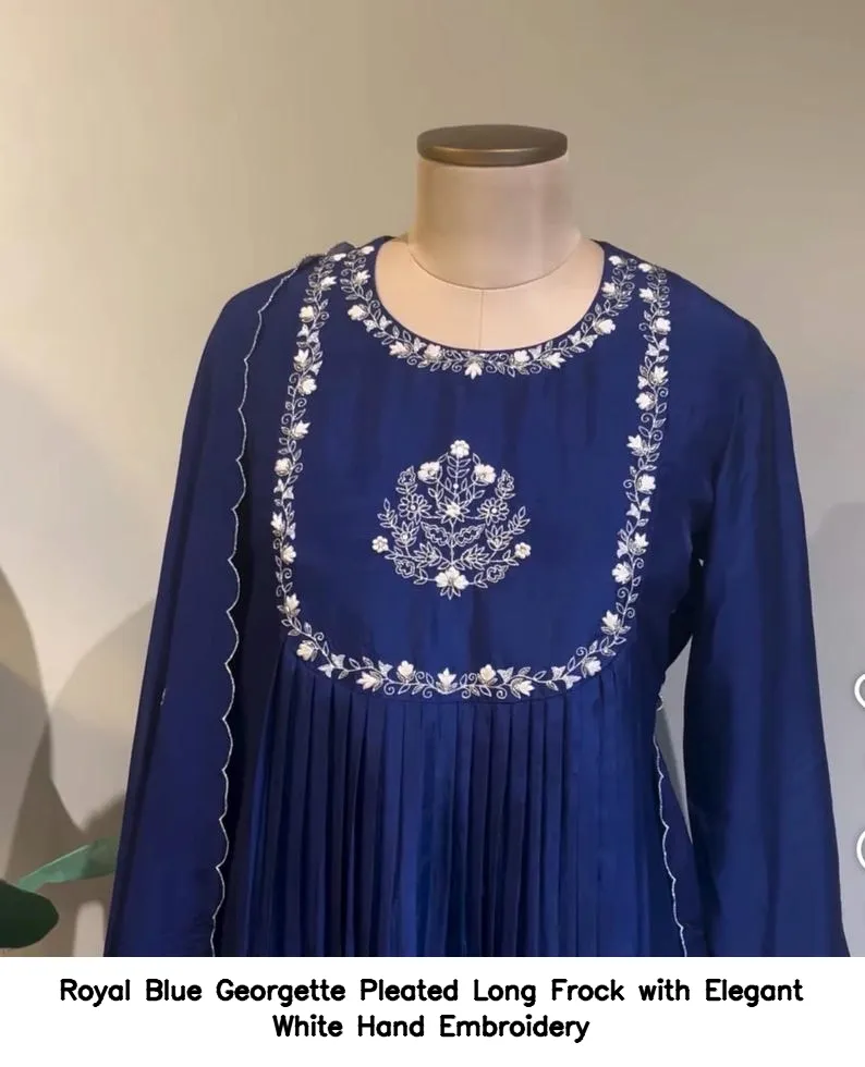 Royal Blue Georgette Pleated Long Frock with Elegant White Hand Embroidery