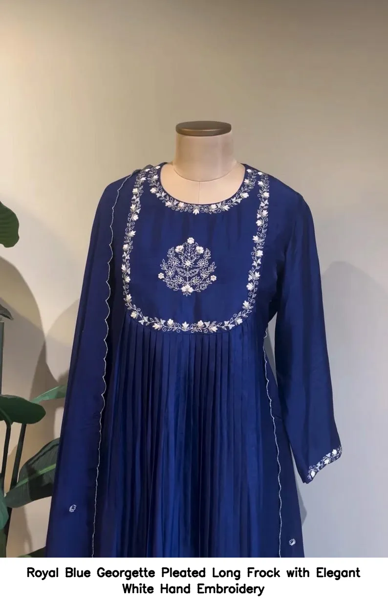 Royal Blue Georgette Pleated Long Frock with Elegant White Hand Embroidery