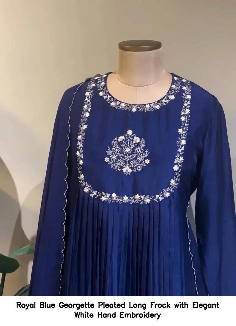 Royal Blue Georgette Pleated Long Frock with Elegant White Hand Embroidery