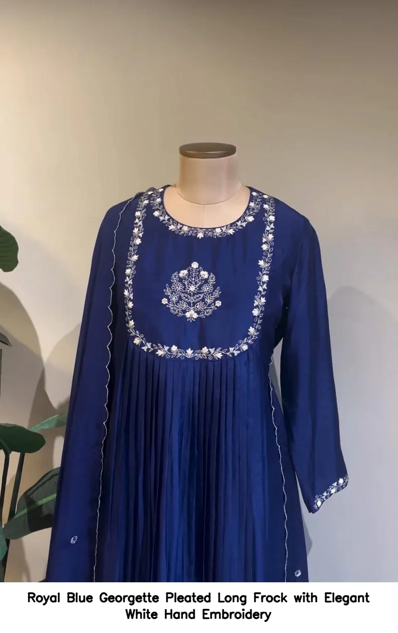 Royal Blue Georgette Pleated Long Frock with Elegant White Hand Embroidery